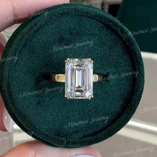 Emerald Cut Moissanite Engagement Ring 14K solid Gold wide Band 4.5CT Solitaire simple Wedding Ring Hidden Halo emerald cut engagement ring