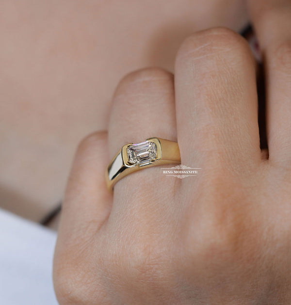 mens moissanite ring unique mens wedding band gift for him bezel set ring for men white gold mens emerald ring promise ring for him Husband