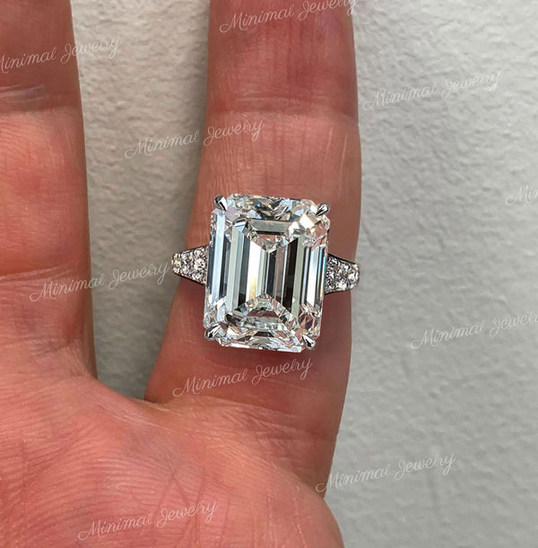 Emerald cut moissanite engagement ring 8CT solitaire hidden halo art deco wide band large diamond wedding ring anniversary gift for women