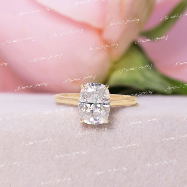 2.5 CT cushion cut moissanite engagement ring,hidden halo elongated cushion,solitaire Cathedral ring,unique pave bridge,dome,wedding ring