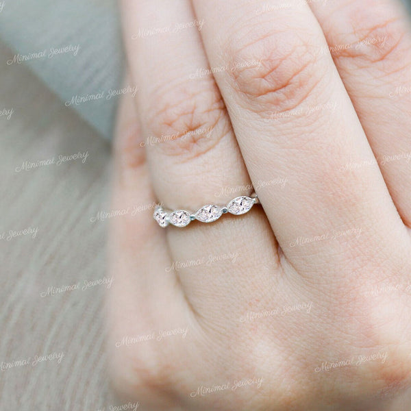 Marquise wedding band,Moissanite marquise eternity ring solid gold,dainty stackable ring,3/4 marquise band ring,thin wedding band women