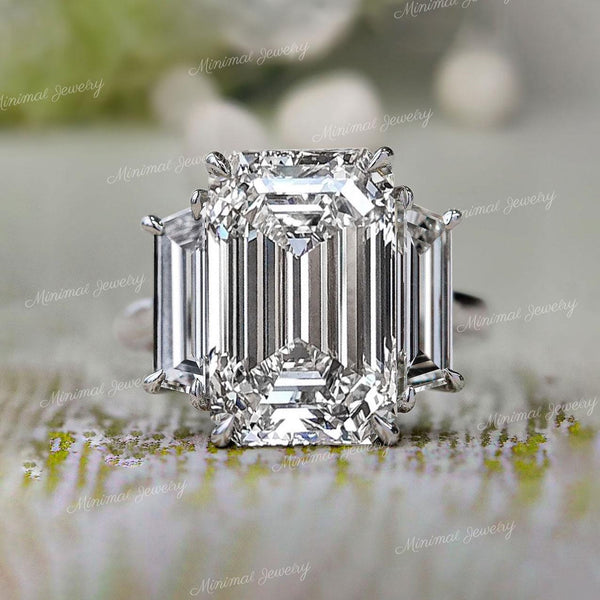 12.1TCW Three stone emerald cut moissanite ring,3 stone emerald cut engagement ring,white gold,big large celebrity style,unique wedding ring