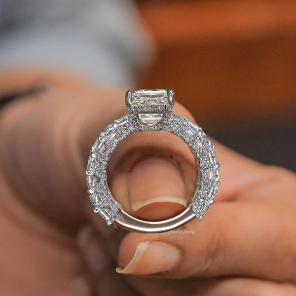 Emerald cut moissanite engagement ring set unique 5 carat moissanite hidden halo eternity band solitaire ring anniversary wedding ring set