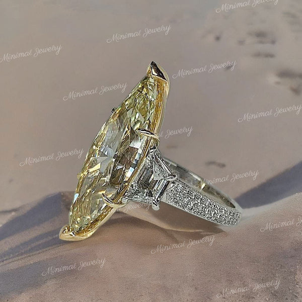 7 CT canary yellow Marquise moissanite engagement ring,large three stone celebrity style,trapezoid&big Marquise cut,luxury wedding ring