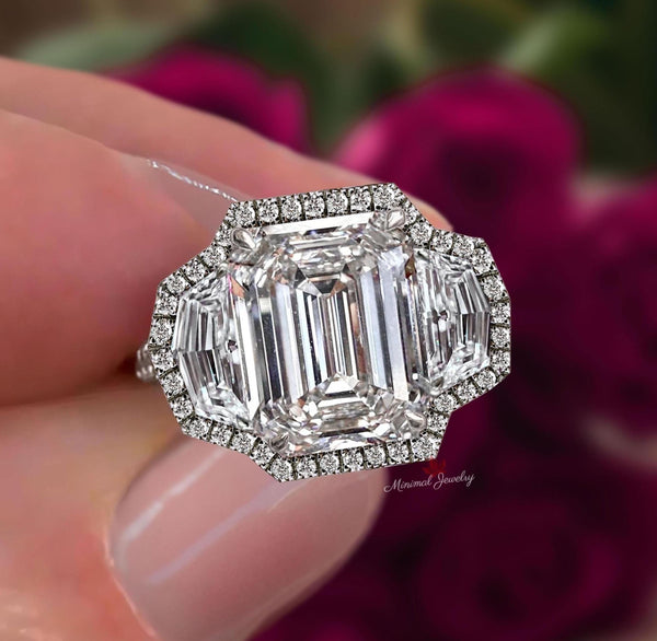 Three stone emerald cut engagement ring unique halo set shield&5CT emerald cut moissanite ring wedding ring women 3 stone anniversary ring