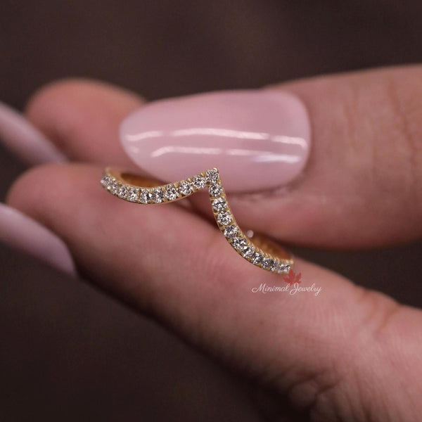 Dainty Chevron Moissanite Wedding Band: 14k Yellow Gold Contour Ring