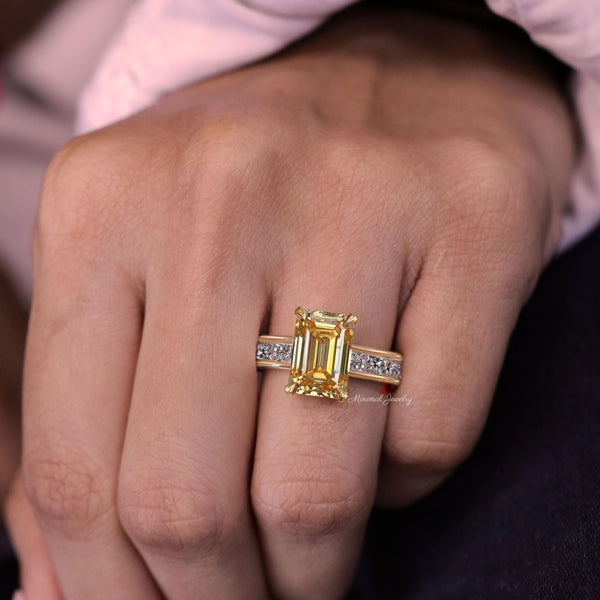 Emerald Cut Yellow Lab Grown Diamond Ring Bezel Set Engagement 5CT IGI Certified diamond Wedding Channel Set Wide Band Anniversary Ring