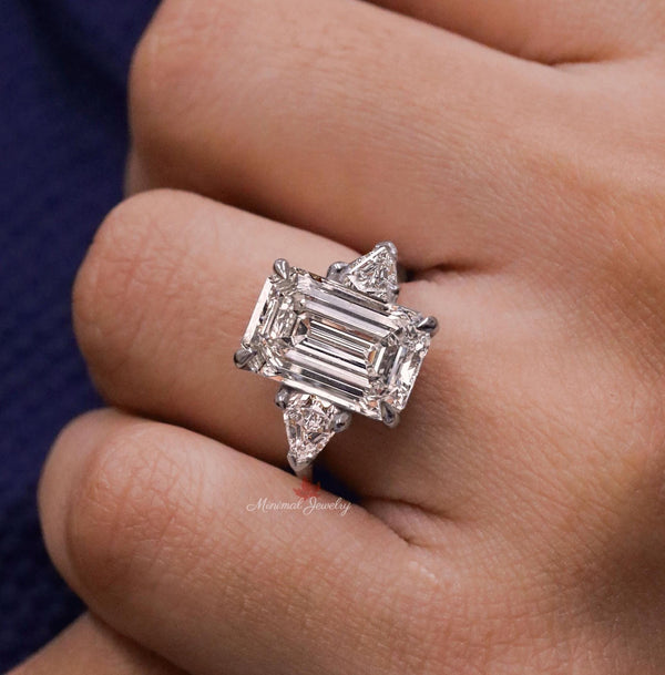 3 stone emerald cut ring 14k gold 7CT emerald cut moissanite engagement wedding ring side Shield Three stone anniversary ring for women