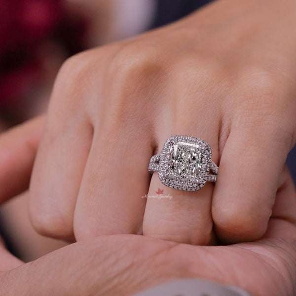 4CT Radiant cut Moissanite Engagement Ring Split Shank 14K Gold Crushed Ice Radiant Halo Wedding Ring Anniversary Ring for Women