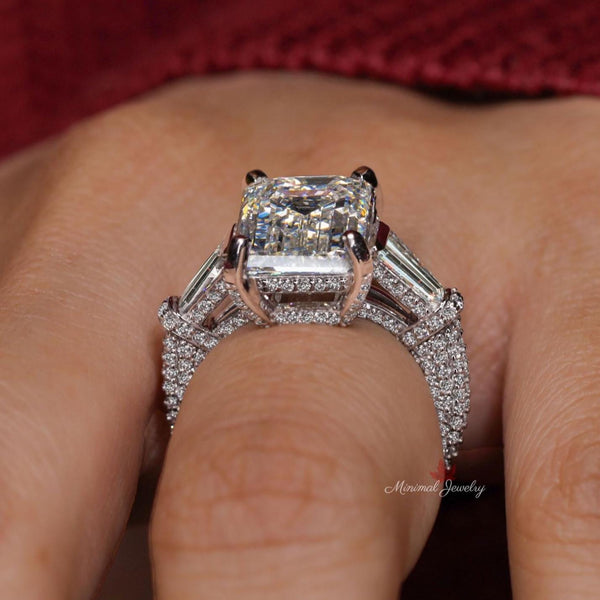 9CT lab grown diamond ring Three stone Emerald cut engagement ring IGI certified large diamond wedding ring hidden halo anniversary gift her