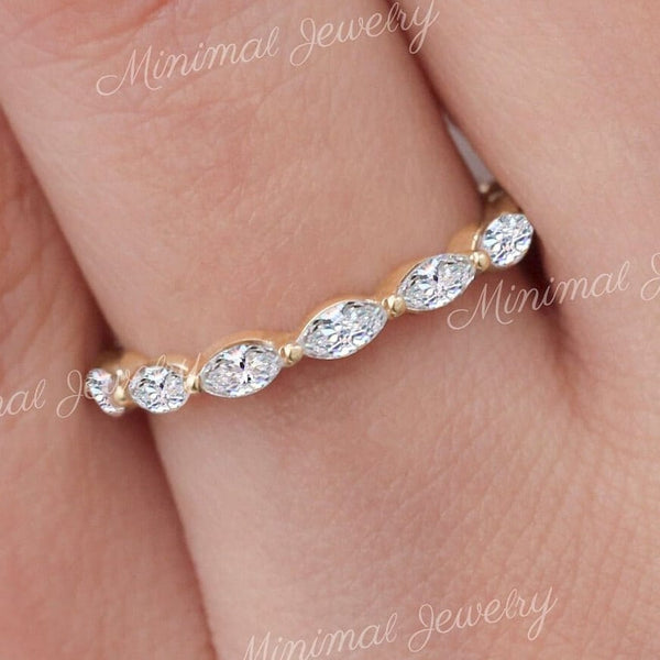 Marquise wedding band,Moissanite marquise eternity ring solid gold,dainty stackable ring,3/4 marquise band ring,thin wedding band women