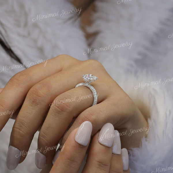 2.5 CT cushion cut engagement ring,Moissanite hidden halo ring,elongated cushion moissanite ring,three row pave,14k white gold,wedding ring