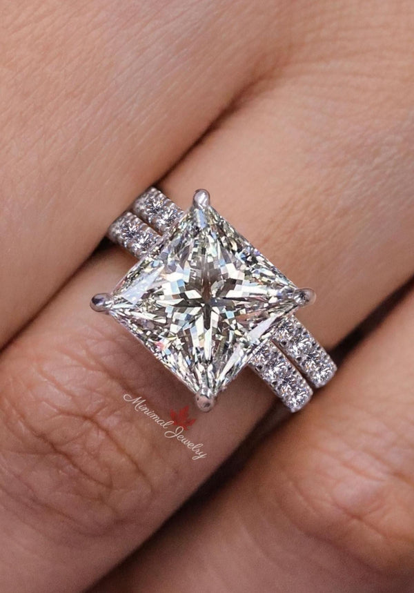 5ct Princess Cut Lab Grown Diamond Engagement Ring Set 14K White Gold Hidden Halo IGI Certified Diamond Bridal Wedding Ring set for women