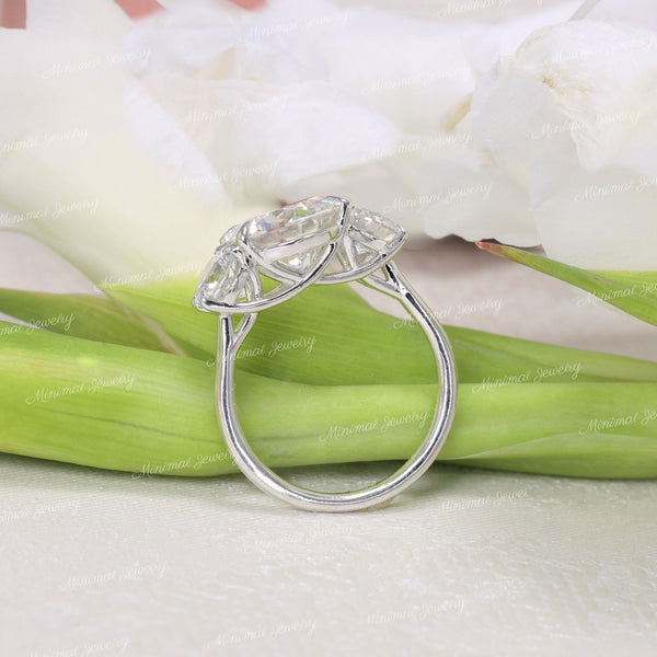 3.48 TCW three stone moissanite ring,round cut trellis engagement ring,14k white gold,past present future anniversary ring,triple stone ring