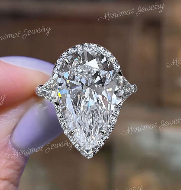 9 CT pear moissanite engagement ring Large Three stone crushed ice moissanite pear halo,trillion&pear shaped ring,big teardrop wedding ring
