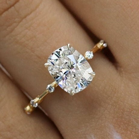 2.5 CT cushion cut moissanite engagement ring,hidden halo solitaire,elongated cushion cut engagement ring,pave distance,unique wedding ring