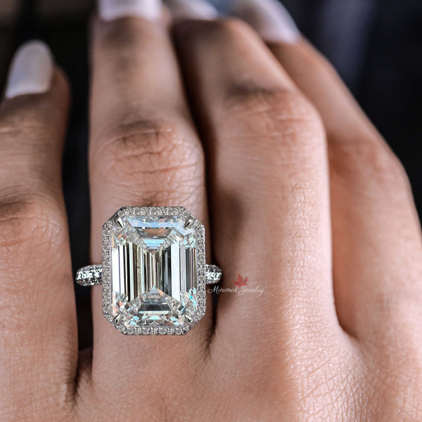 Emerald cut moissanite engagement ring 13.5 CT solitaire halo wedding ring large diamond cocktail ring gold cathedral ring anniversary ring