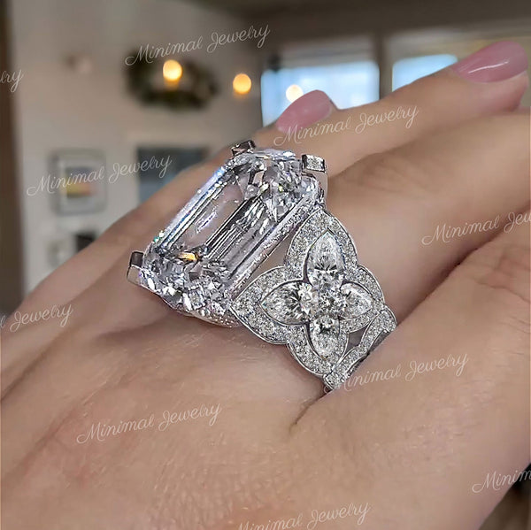 15CT Emerald Cut Moissanite Ring 14k gold statement wedding ring wide band engagement ring big diamond Anniversary ring cocktail ring