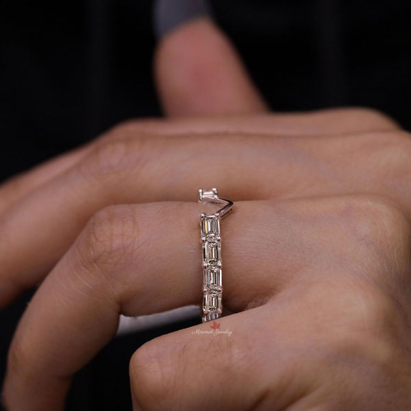 open gap wedding band moissanite eternity band east west emerald cut moissanite wedding band dainty wedding band open stacking ring 14k gold