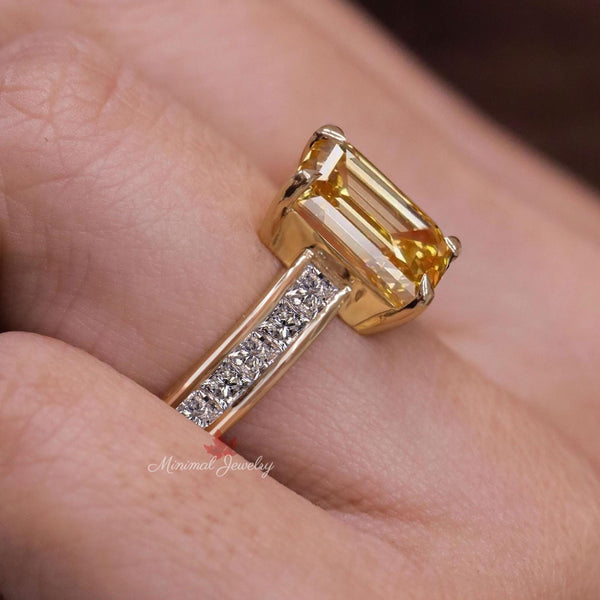 Emerald Cut Yellow Lab Grown Diamond Ring Bezel Set Engagement 5CT IGI Certified diamond Wedding Channel Set Wide Band Anniversary Ring