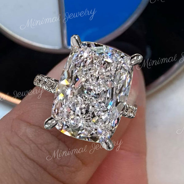10 CT Large cushion cut moissanite engagement ring,big solitaire hidden halo,elongated cushion crushed ice moissanite,diamond wedding ring