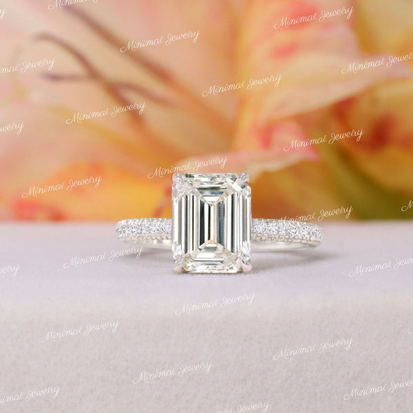 2.5CT Emerald cut moissanite engagement ring,hidden halo,unique emerald cut solitaire ring,3 row pave,claw prong,14k white gold,wedding ring
