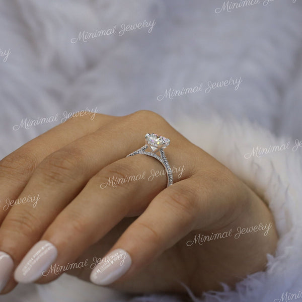 2.5 CT cushion cut moissanite engagement ring,hidden halo,14k Rose gold,pave bridge,elongated cushion,solitaire Cathedral ring,wedding ring