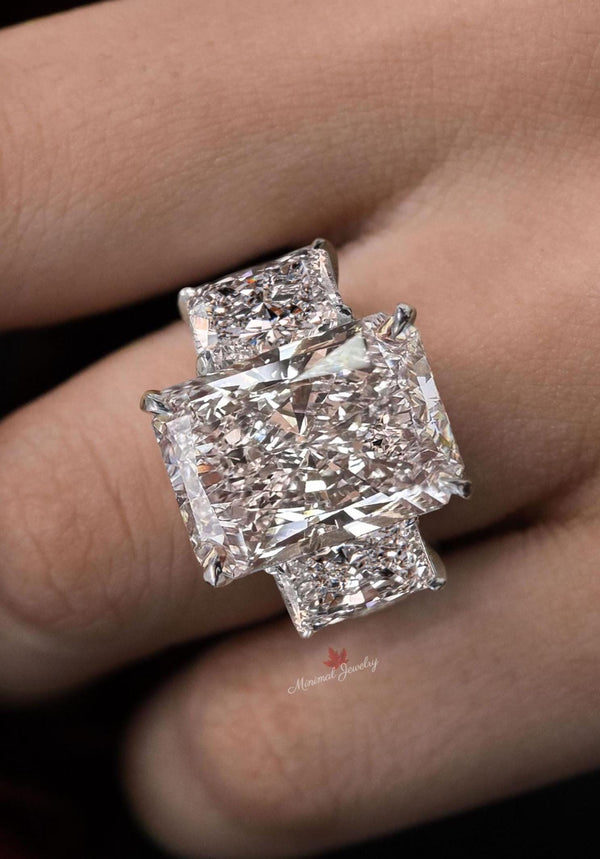 Three Stone Radiant Cut Moissanite Ring 9.5CT Wide Band Engagement Ring 14K White Gold Large Statement Wedding Anniversary Ring