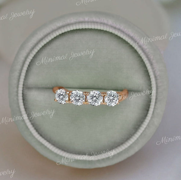 Dainty wedding band four stone Round 14k gold 4mm Moissanite wedding band half eternity band stacking ring set Anniversary band gift for her