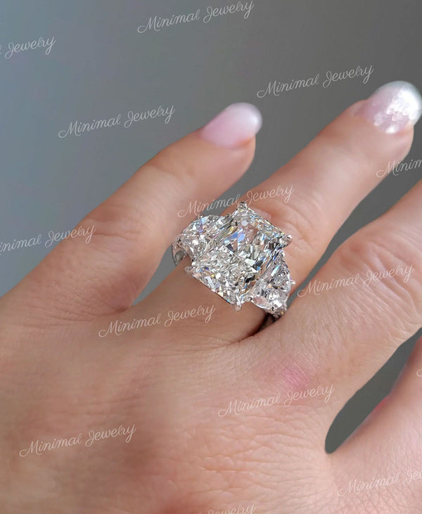 Radiant cut moissanite engagement ring 7 CT Three stone half moon&large crushed ice moissanite radiant cut engagement ring wedding ring
