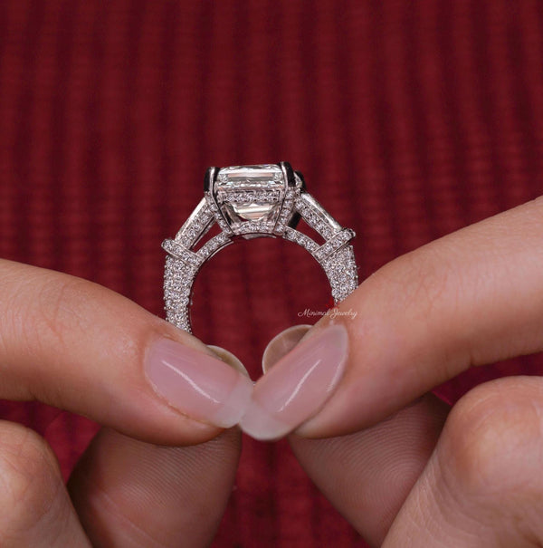 8CT Emerald cut moissanite engagement ring Three stone emerald cut engagement wedding ring hidden halo anniversary gift large diamond ring
