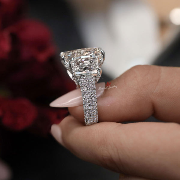 Three Stone Radiant Cut Moissanite Ring 9.5CT Wide Band Engagement Ring 14K White Gold Large Statement Wedding Anniversary Ring
