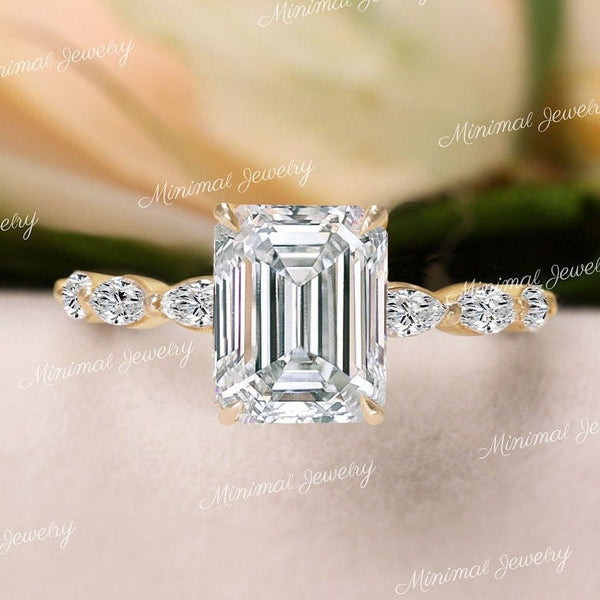 2.5CT emerald cut Moissanite engagement ring,unique,vintage style engagement ring,hidden halo,Moissanite emerald solitaire ring,wedding ring