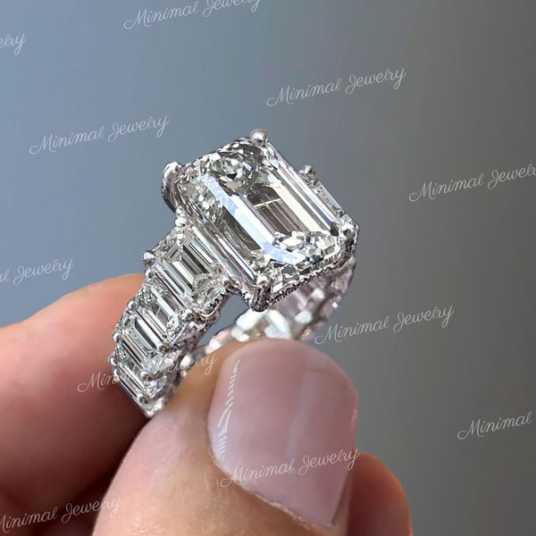 4.4ct emerald cut moissanite ring Three stone engagement ring Hidden Halo Wide Band 14k White Gold Wedding Anniversary Ring for Women