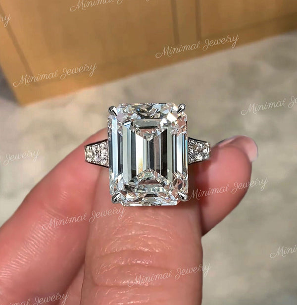 Emerald cut moissanite engagement ring 8CT solitaire hidden halo art deco wide band large diamond wedding ring anniversary gift for women