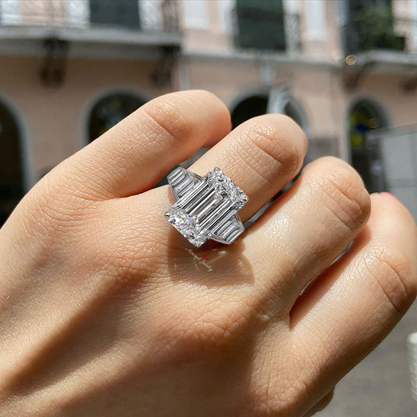 13.01 TCW emerald cut moissanite engagement ring,14k white gold unique luxury celebrity style large emerald cut engagement ring,wedding ring