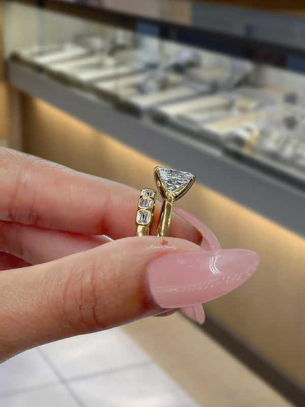 2.1 CT lab grown diamond emerald cut engagement ring set IGI certified CVD diamond bezel wedding band ring promise ring anniversary gift her