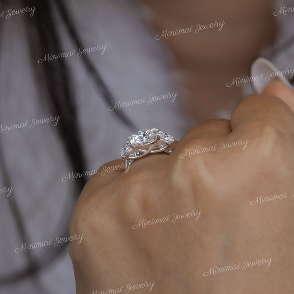 3.48 TCW three stone moissanite ring,round cut trellis engagement ring,14k white gold,past present future anniversary ring,triple stone ring