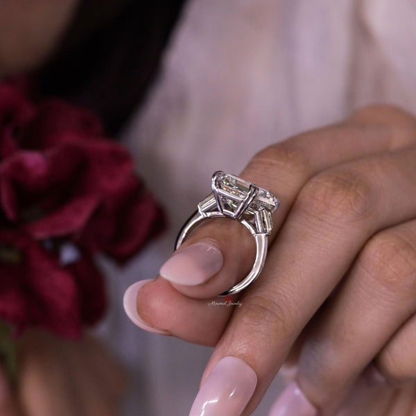 Emerald Cut Moissanite Ring Three Stone Engagement Ring side Baguette 12CT large Statement Wedding Ring Big Diamond Anniversary Ring women