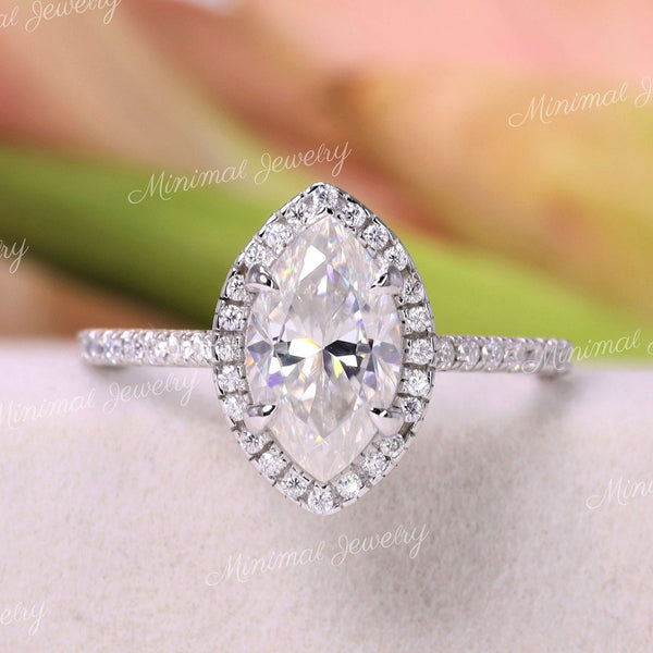 2 CT Marquise Moissanite Engagement Ring: 14k White Gold Halo