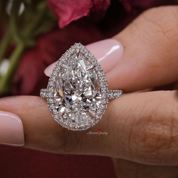 6ct pear shaped engagement ring with halo crushed ice pear moissanite ring Large diamond statement wedding anniversary ring women 14k gold