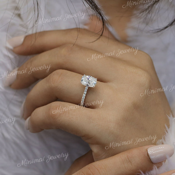 2.5 CT cushion cut moissanite engagement ring,hidden halo,14k Rose gold,pave bridge,elongated cushion,solitaire Cathedral ring,wedding ring