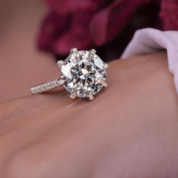 7 CT Round moissanite engagement ring,Three row pave Cathedral ring Tulip Set large solitaire celebrity style diamond cocktail wedding ring