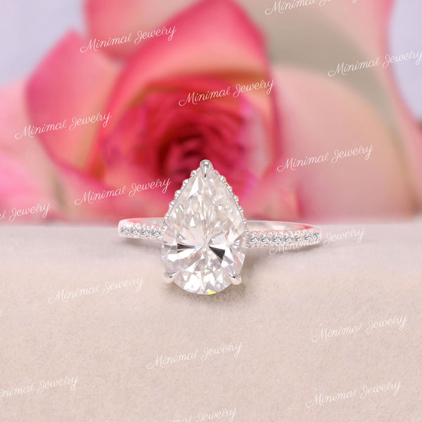 3 CT pear moissanite engagement ring,cathedral ring,hidden halo,solitaire pear shaped ring,pave accent floating ring,wedding ring•women