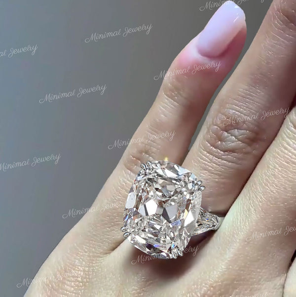 19 CT Old mine cut cushion moissanite ring large elongated cushion cut engagement ring Three stone big diamond ring edwardian wedding ring