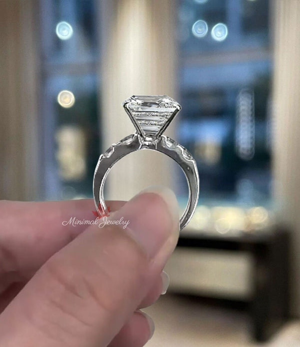 Emerald cut moissanite engagement ring 7 CT large Moissanite emerald cut solitaire wide band wedding ring unique big diamond cocktail ring