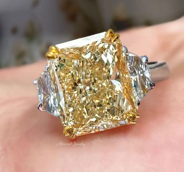 10CT Yellow Lab Grown Diamond Radiant Cut Engagement Ring IGI Certified Three Stone lab diamond Wedding Anniversary Ring two tone gold ring