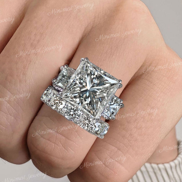 9.5 CT Big princess cut wedding ring set,celebrity style large three stone Moissanite princess cut engagement ring set,unique triple stone
