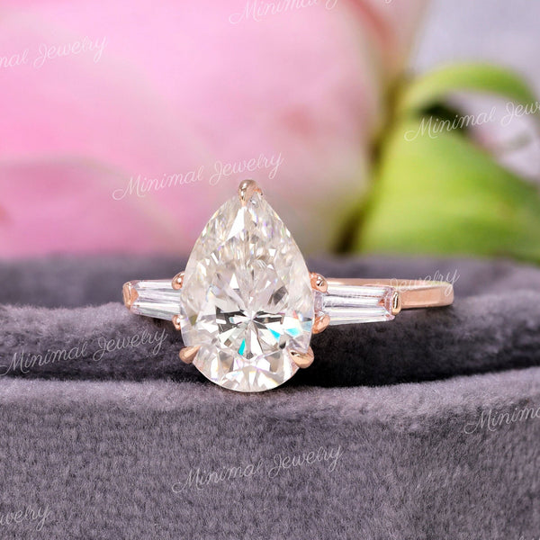 3.98 TCW Three stone engagement ring,pear moissanite,hidden halo,side Baguette,unique three stone ring,14k rose gold,wedding ring,women