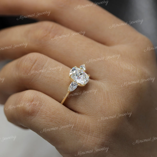 2.5 CT cushion cut engagement ring,moissanite three stone ring,pear side stone&elongated cushion moissanite ring,anniversary,wedding ring